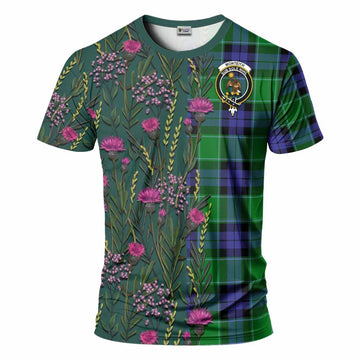 Monteith Family Crest Tartan T-Shirt Scottish Thistle Flower Pattern Half Style