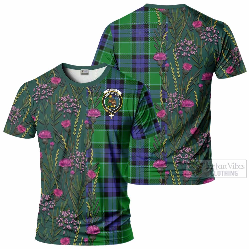 Monteith Family Crest Tartan T-Shirt Scottish Thistle Flower Pattern Half Style - Tartan Vibes Clothing