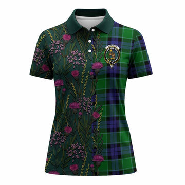 Monteith Family Crest Tartan Women Polo Shirt Scottish Thistle Flower Pattern Half Style