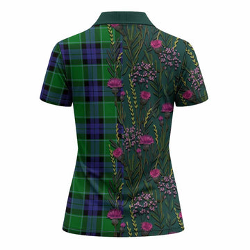 Monteith Family Crest Tartan Women Polo Shirt Scottish Thistle Flower Pattern Half Style