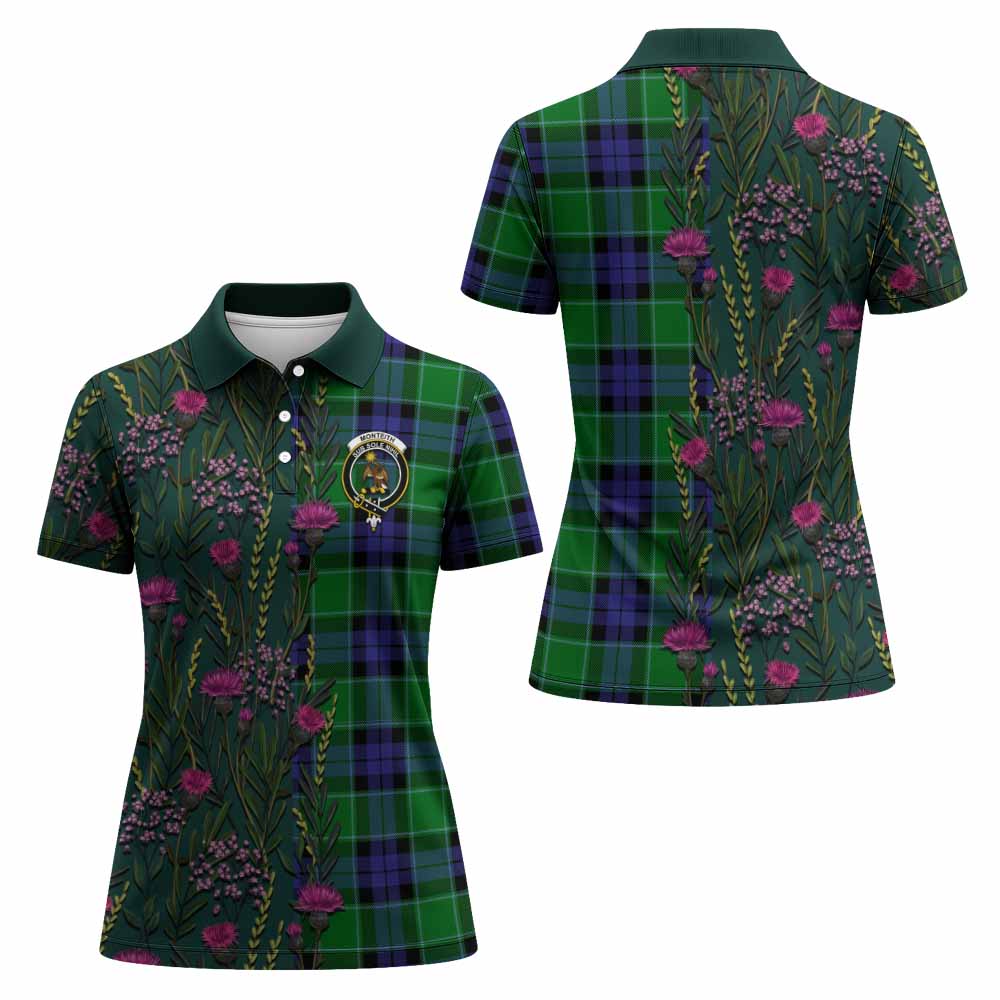 Monteith Family Crest Tartan Women Polo Shirt Scottish Thistle Flower Pattern Half Style - Tartan Vibes Clothing