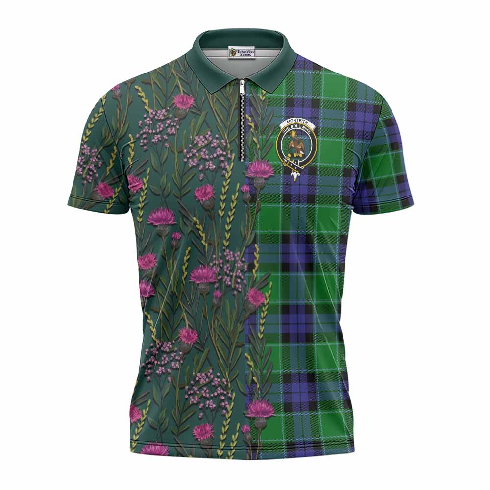Monteith Family Crest Tartan Zipper Polo Shirt Scottish Thistle Flower Pattern Half Style - Tartan Vibes Clothing