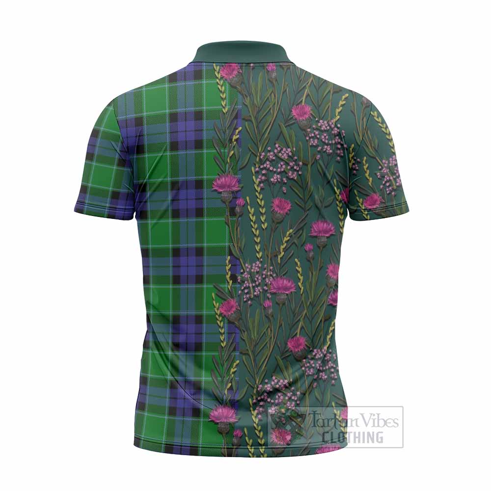 Monteith Family Crest Tartan Zipper Polo Shirt Scottish Thistle Flower Pattern Half Style - Tartan Vibes Clothing