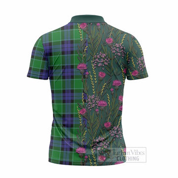 Monteith Family Crest Tartan Zipper Polo Shirt Scottish Thistle Flower Pattern Half Style
