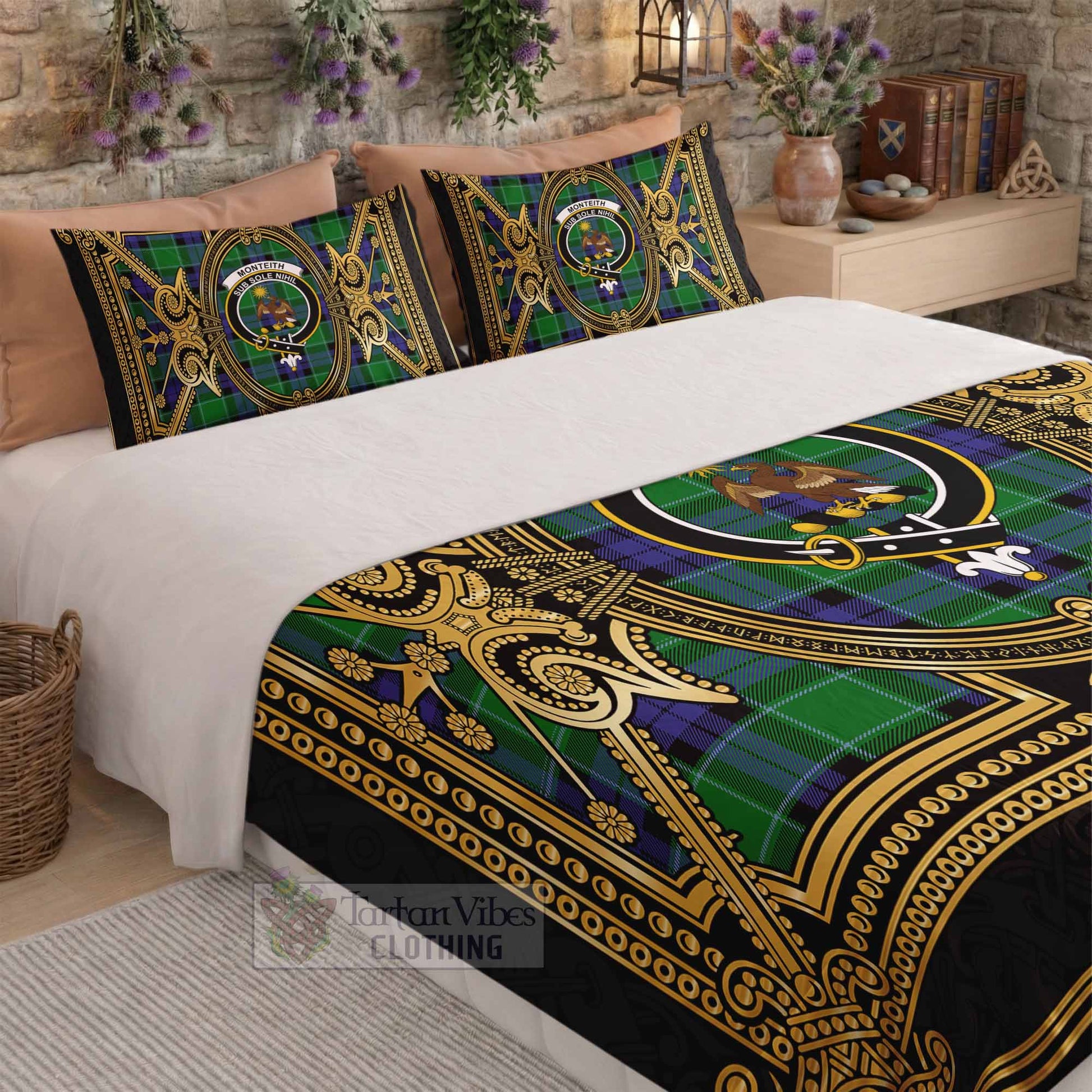 Monteith Scottish Tartan Crest Bedding Set Royal Stylized