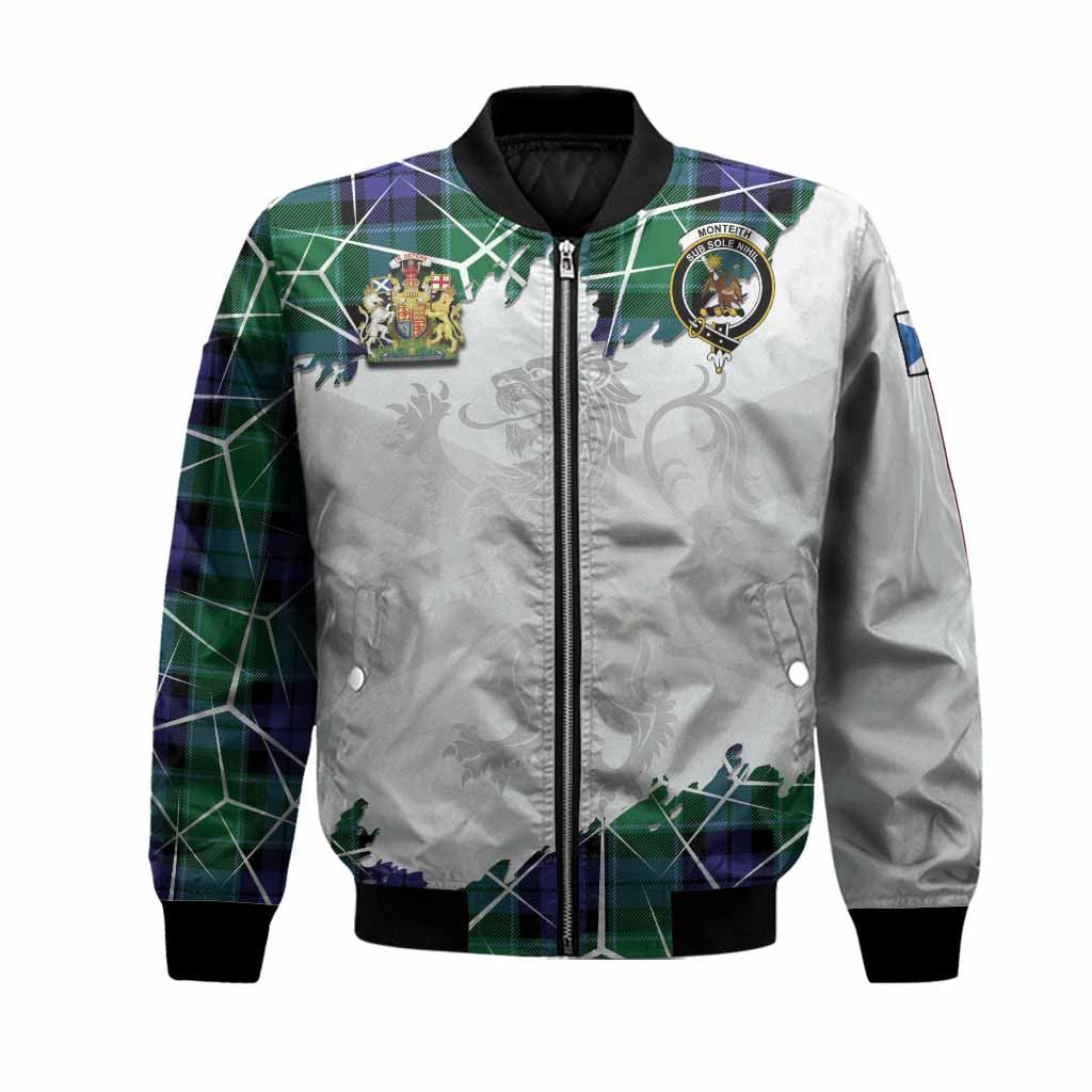Monteith Tartan Bomber Jacket with Family Crest and Lion Rampant Grunge Style