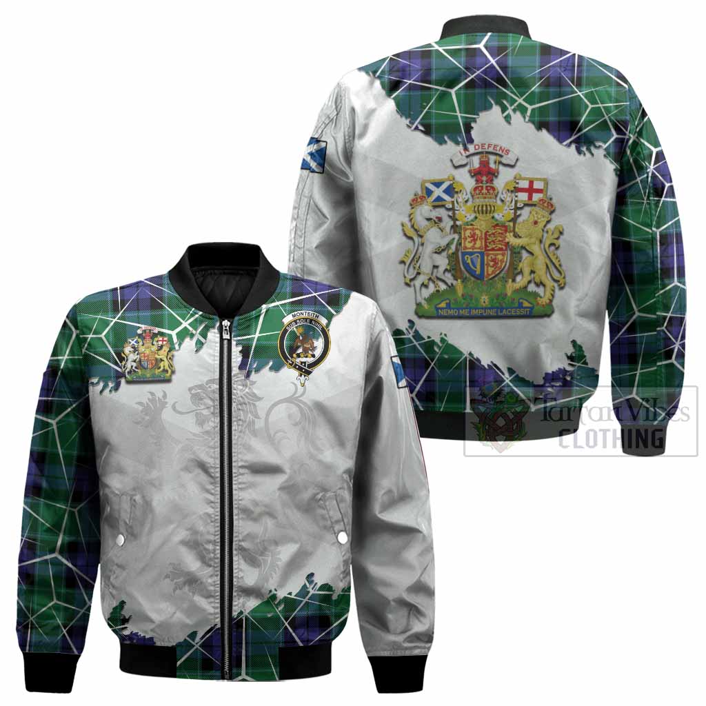 Monteith Tartan Bomber Jacket with Family Crest and Lion Rampant Grunge Style