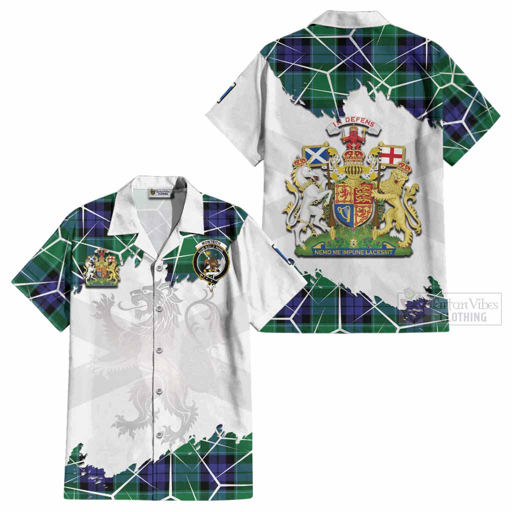 Monteith Tartan Cotton Hawaiian Shirt with Family Crest and Lion Rampant Grunge Style