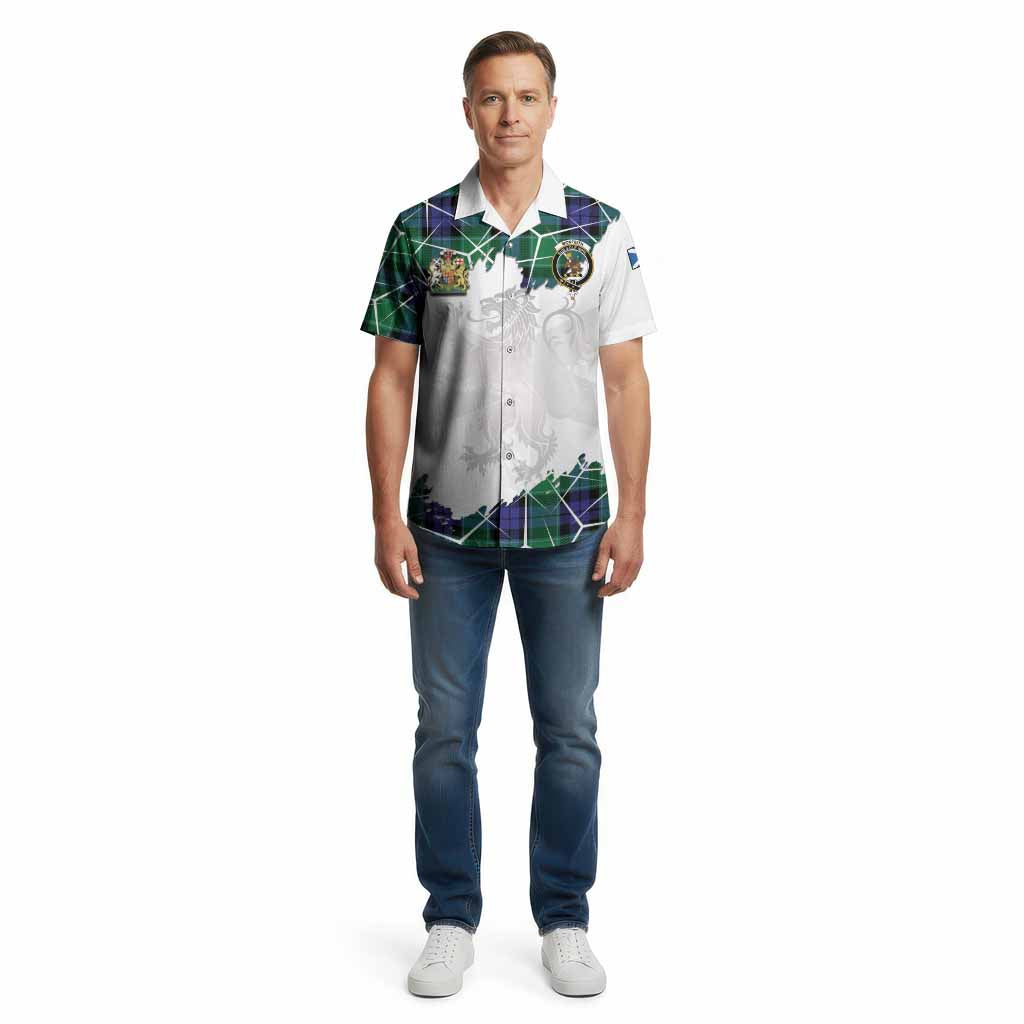 Monteith Tartan Cotton Hawaiian Shirt with Family Crest and Lion Rampant Grunge Style
