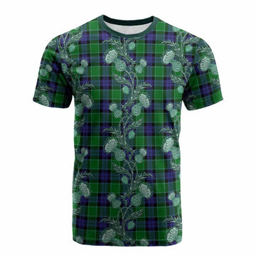 Monteith Tartan Cotton T-shirt Seamless Scottish Thistle Flowers