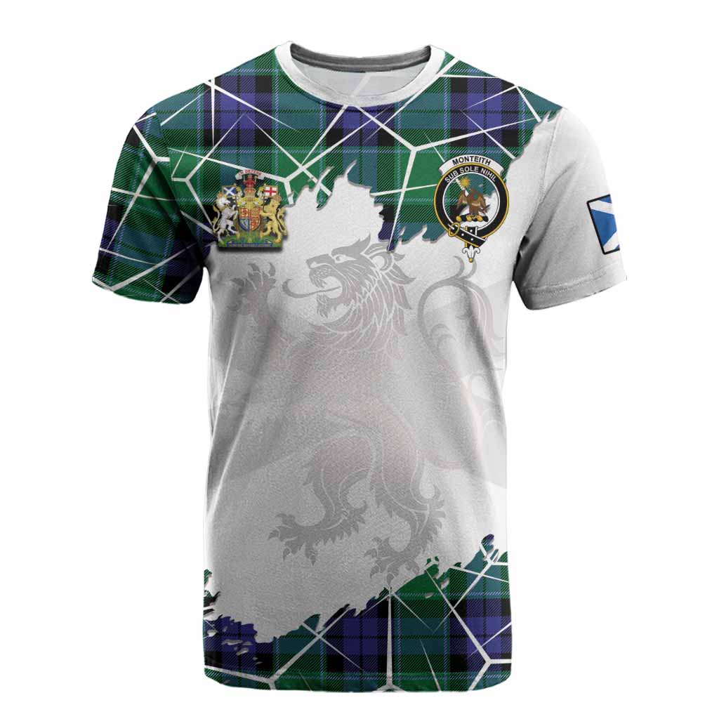 Monteith Tartan Cotton T-shirt with Family Crest and Lion Rampant Grunge Style