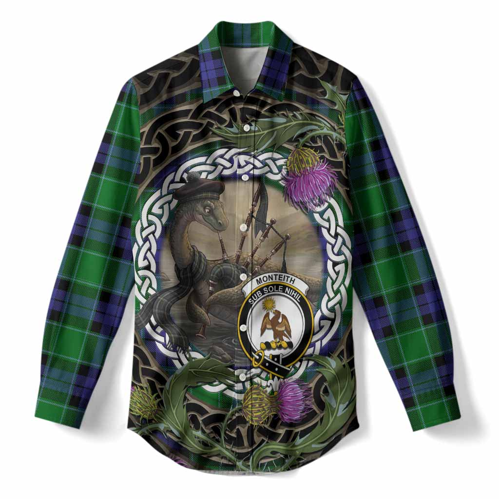 Monteith Tartan Crest Bagpipe Nessie Women Casual Shirt Scottish Loch Ness Monster Celtic Thistle