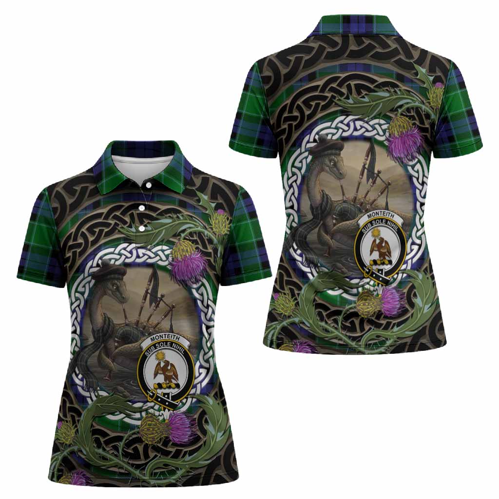Monteith Tartan Crest Bagpipe Nessie Women Polo Shirt Scottish Loch Ness Monster Celtic Thistle