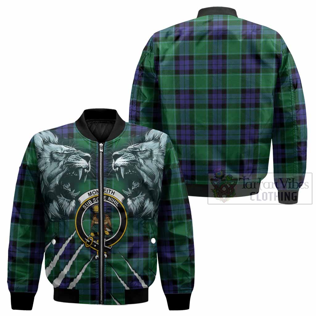 Monteith Tartan Crest Bomber Jacket Ferocious Lion Style - Tartan Vibes Clothing