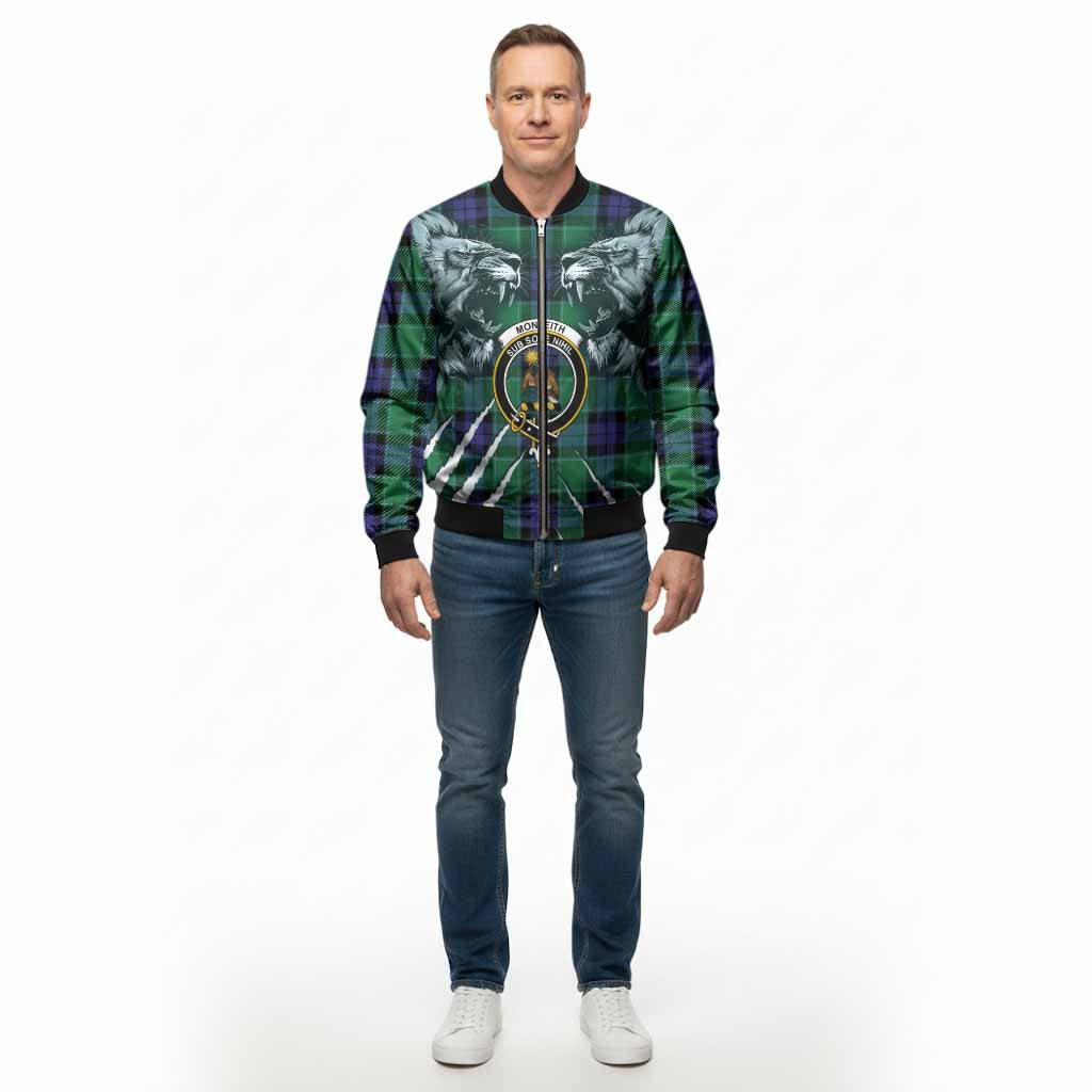 Monteith Tartan Crest Bomber Jacket Ferocious Lion Style - Tartan Vibes Clothing