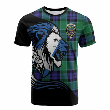 Monteith Tartan Crest Cotton T-shirt Scottish Golden Lions Wave Flow