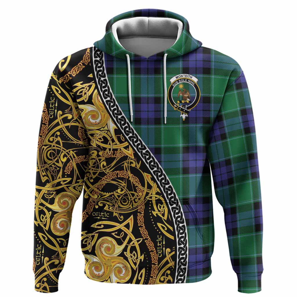Monteith Tartan Crest Hoodie Celtic Knot and Triple Trickle Spiral Symbols