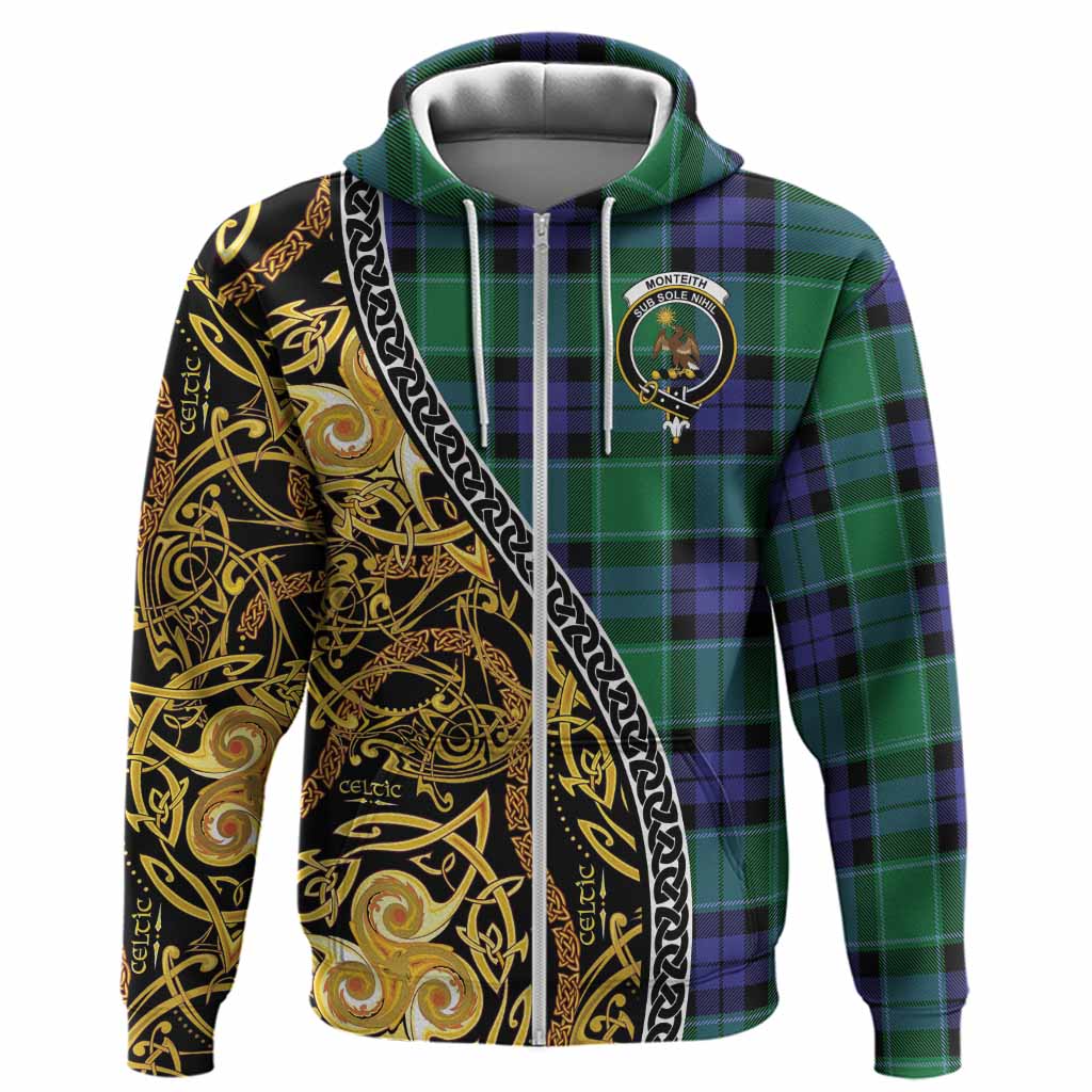 Monteith Tartan Crest Hoodie Celtic Knot and Triple Trickle Spiral Symbols