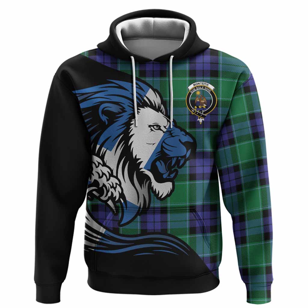 Monteith Tartan Crest Hoodie Scottish Golden Lions Wave Flow