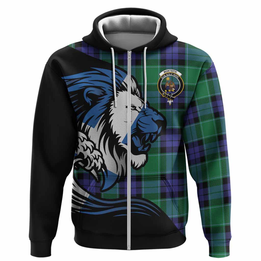 Monteith Tartan Crest Hoodie Scottish Golden Lions Wave Flow