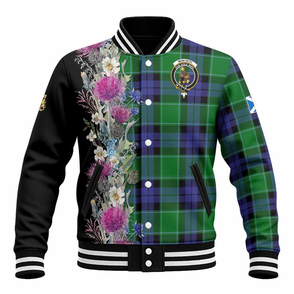 Monteith Tartan Crest Thistle Floral Baseball Jacket Unisex - Tartan Vibes Clothing