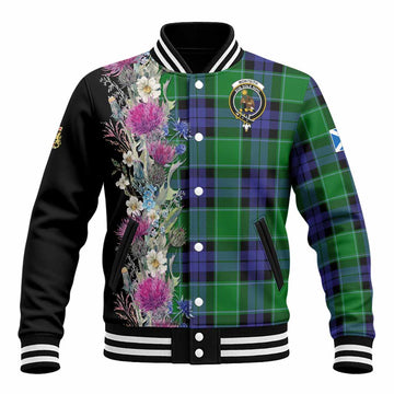 Monteith Tartan Crest Thistle Floral Baseball Jacket Unisex - Tartan Vibes Clothing