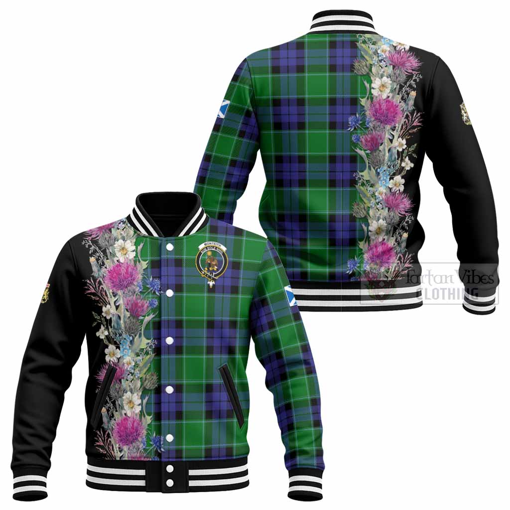 Monteith Tartan Crest Thistle Floral Baseball Jacket - Tartan Vibes Clothing