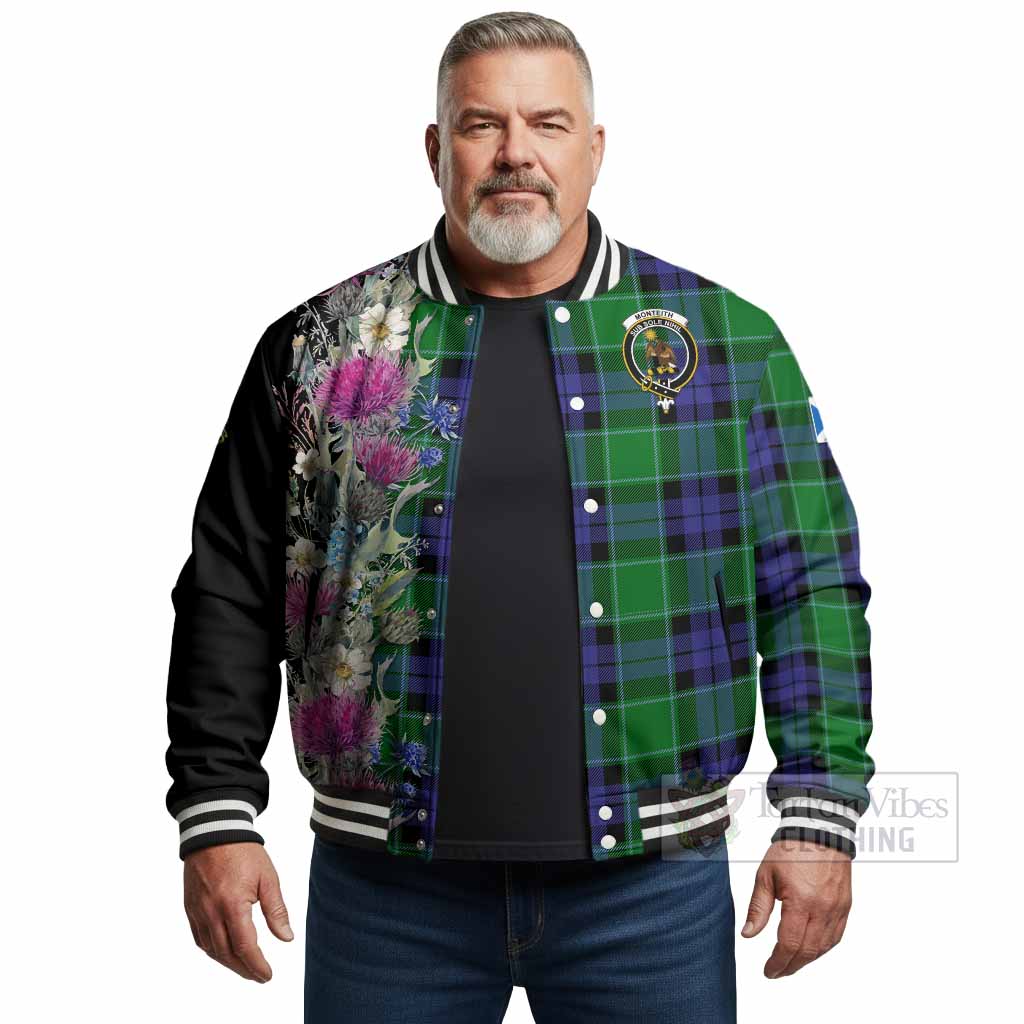 Monteith Tartan Crest Thistle Floral Baseball Jacket - Tartan Vibes Clothing
