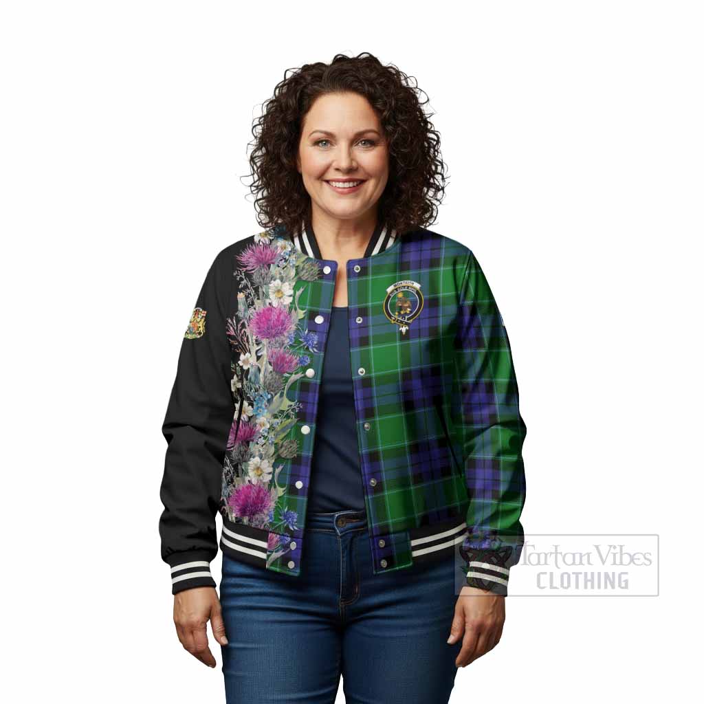 Monteith Tartan Crest Thistle Floral Baseball Jacket - Tartan Vibes Clothing