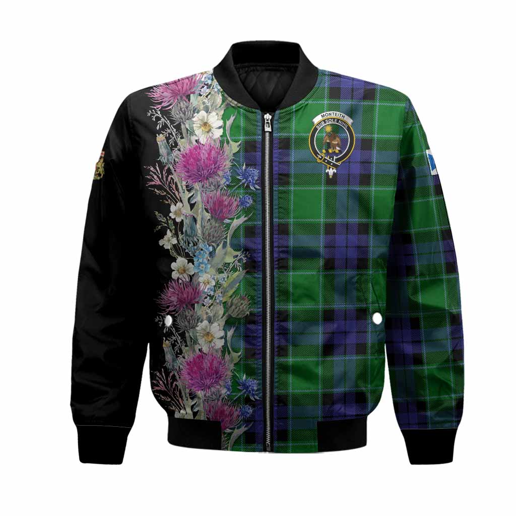 Monteith Tartan Crest Thistle Floral Bomber Jacket Unisex Black - Tartan Vibes Clothing