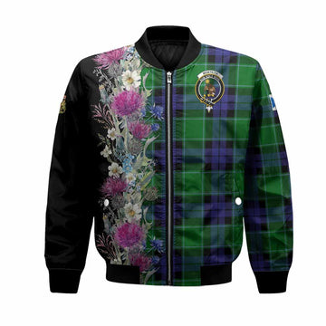 Monteith Tartan Crest Thistle Floral Bomber Jacket Unisex Black - Tartan Vibes Clothing
