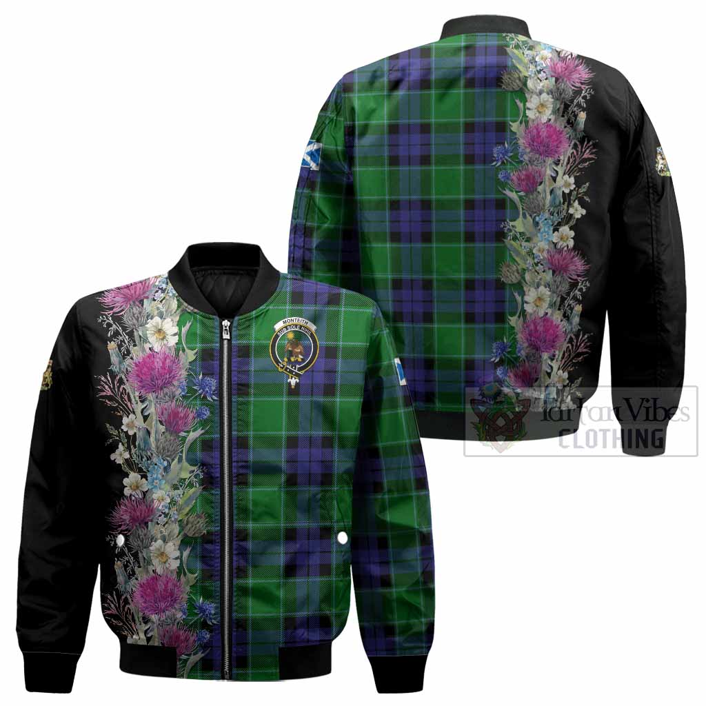 Monteith Tartan Crest Thistle Floral Bomber Jacket - Tartan Vibes Clothing