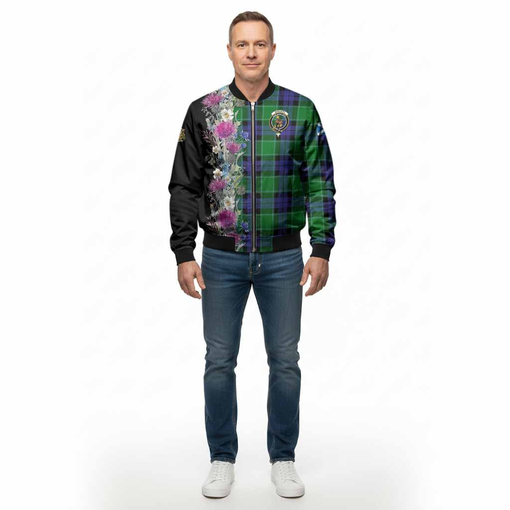 Monteith Tartan Crest Thistle Floral Bomber Jacket - Tartan Vibes Clothing