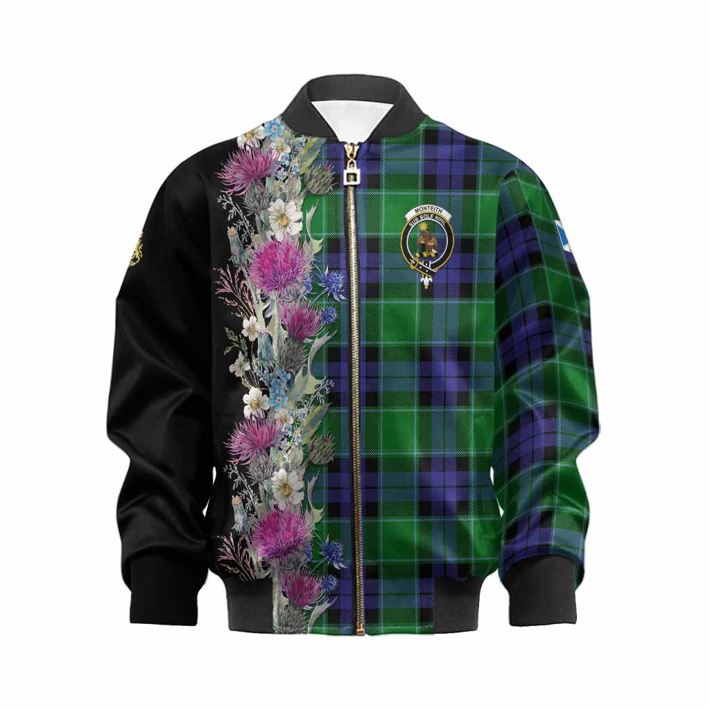 Monteith Tartan Crest Thistle Floral Kid Bomber Jacket Kid XS - Tartan Vibes Clothing