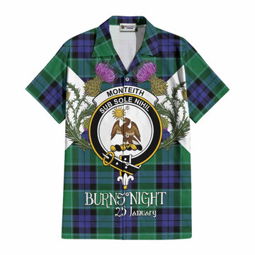 Monteith Tartan Family Crest Cotton Hawaiian Shirt Scottish Burns Night Thistle Floral