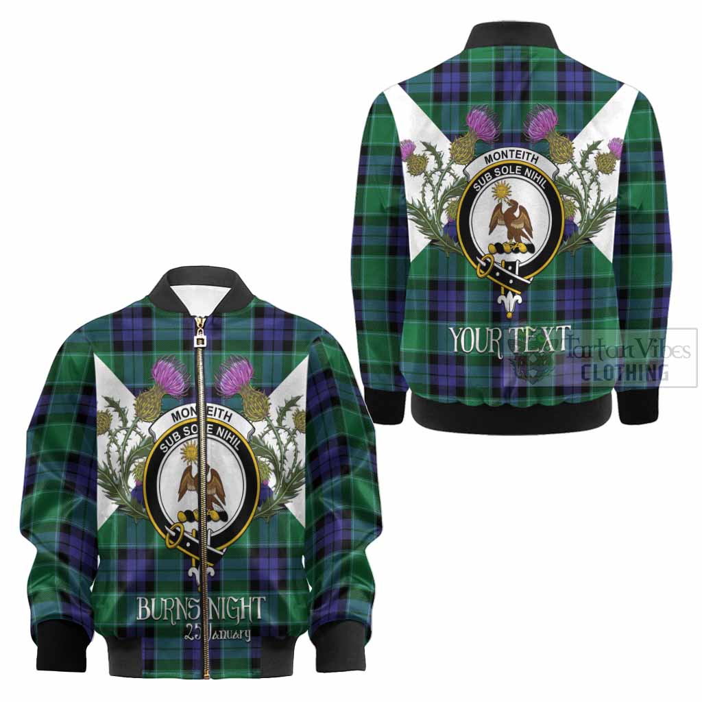 Monteith Tartan Family Crest Kid Bomber Jacket Scottish Burns Night Thistle Floral