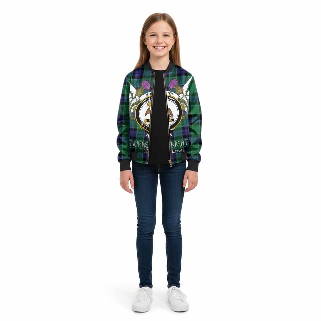 Monteith Tartan Family Crest Kid Bomber Jacket Scottish Burns Night Thistle Floral