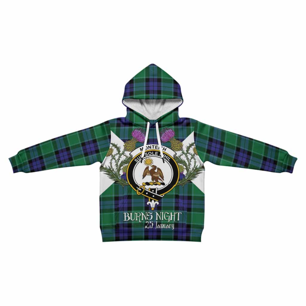 Monteith Tartan Family Crest Kid Hoodie Scottish Burns Night Thistle Floral