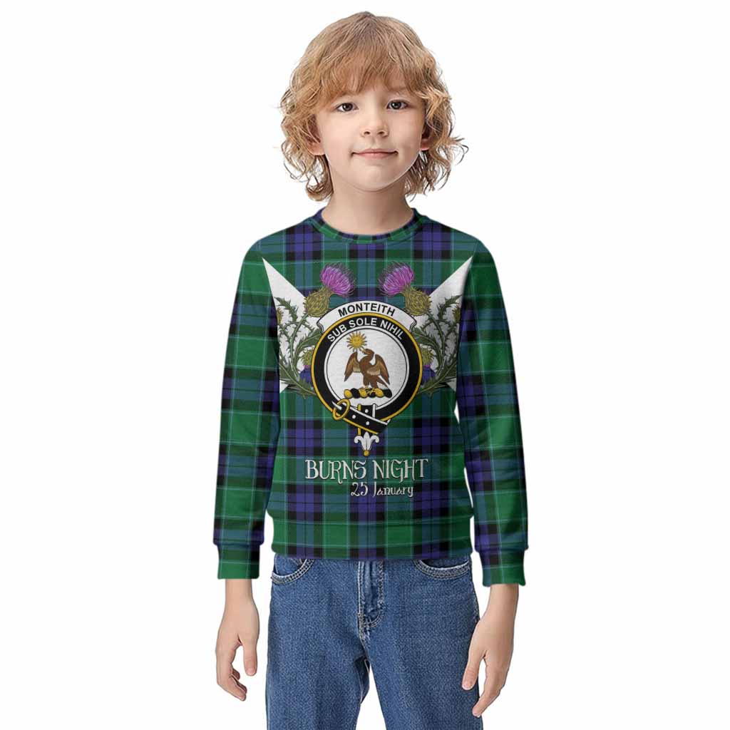 Monteith Tartan Family Crest Kid Knitted Sweatshirt Scottish Burns Night Thistle Floral