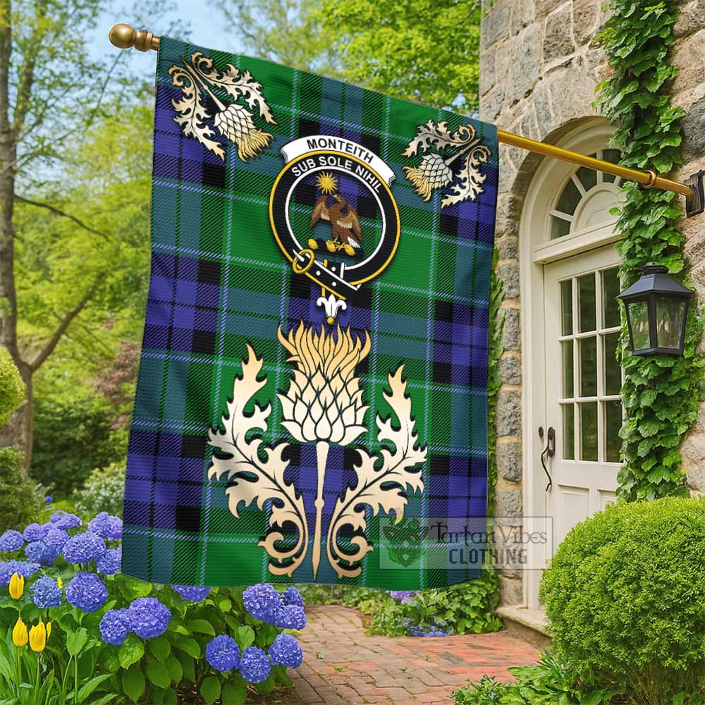 Monteith Tartan Garden Flag with Golden Regal Scottish Thistle Emblem - Tartan Vibes Clothing