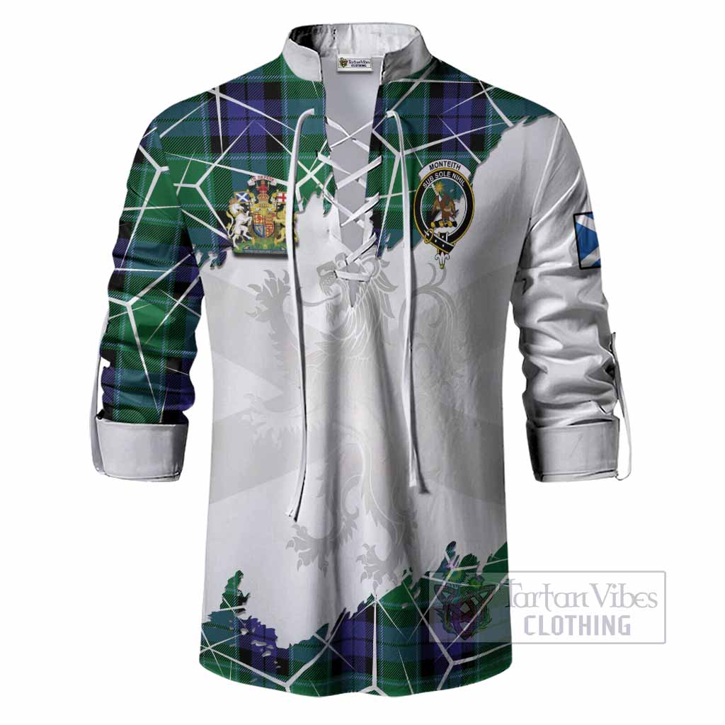 Monteith Tartan Ghillie Shirt with Family Crest and Lion Rampant Grunge Style