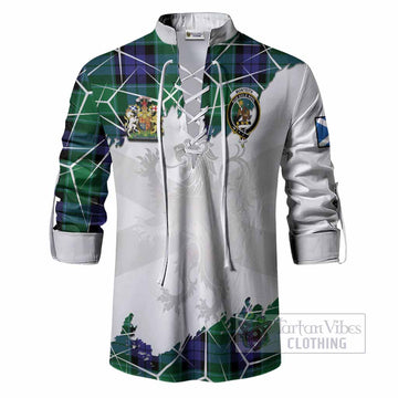 Monteith Tartan Ghillie Shirt with Family Crest and Lion Rampant Grunge Style