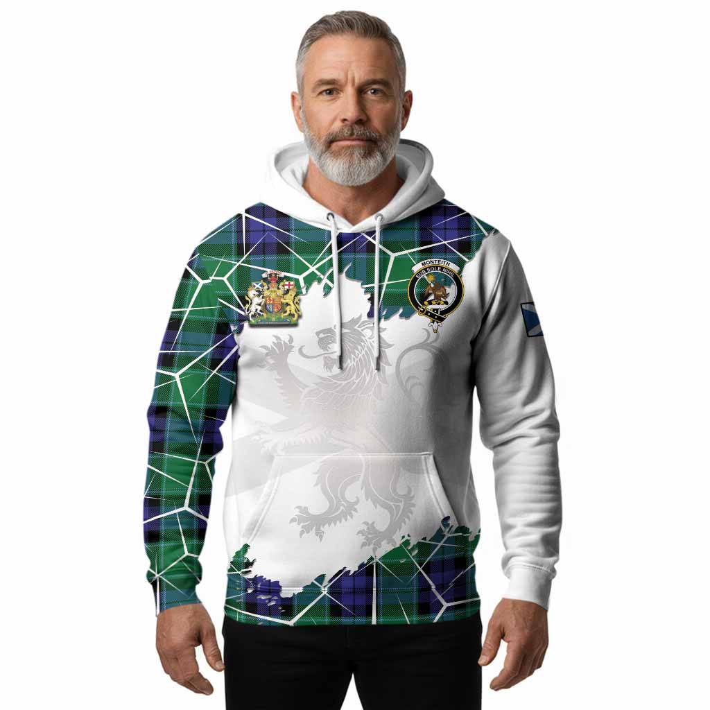 Monteith Tartan Hoodie with Family Crest and Lion Rampant Grunge Style