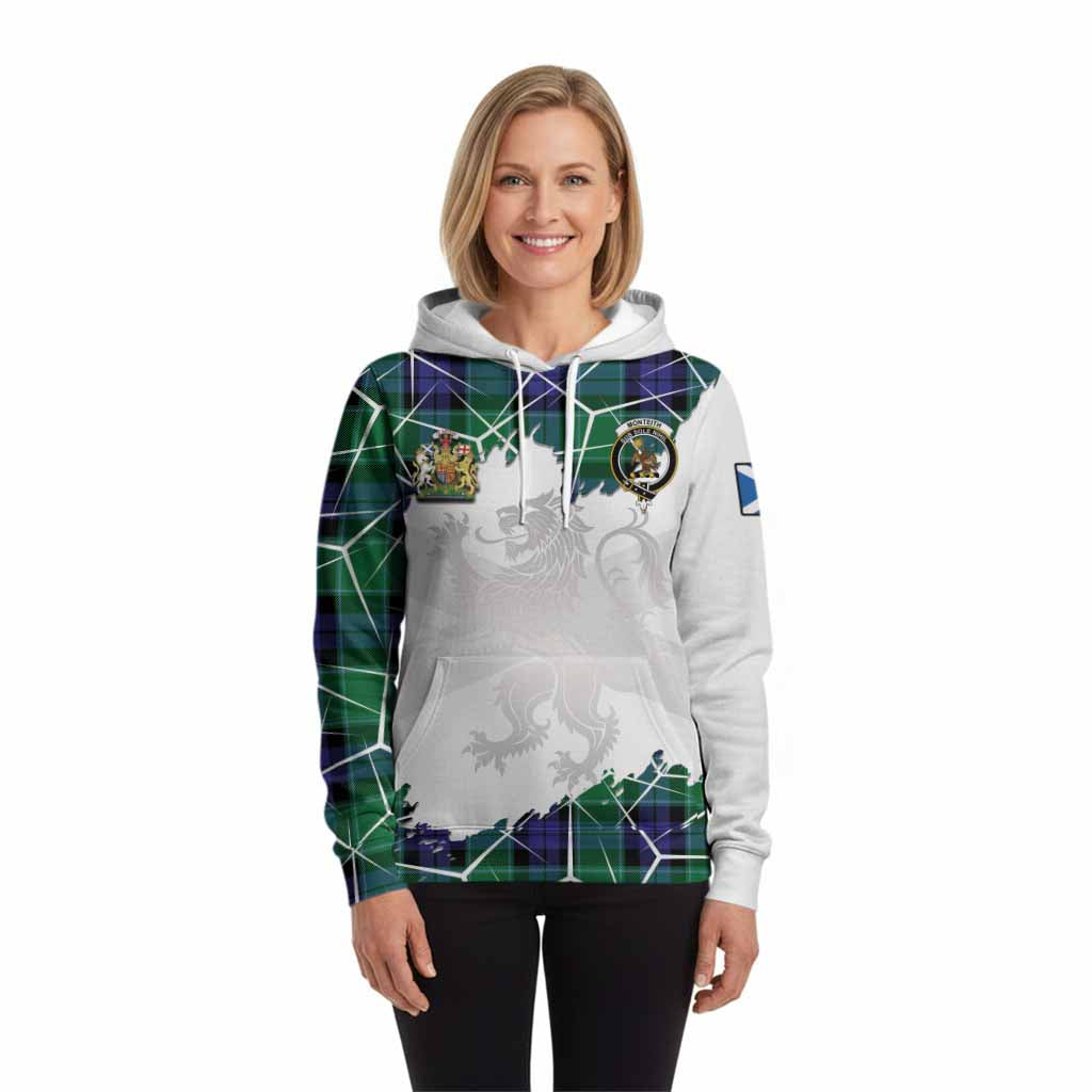 Monteith Tartan Hoodie with Family Crest and Lion Rampant Grunge Style