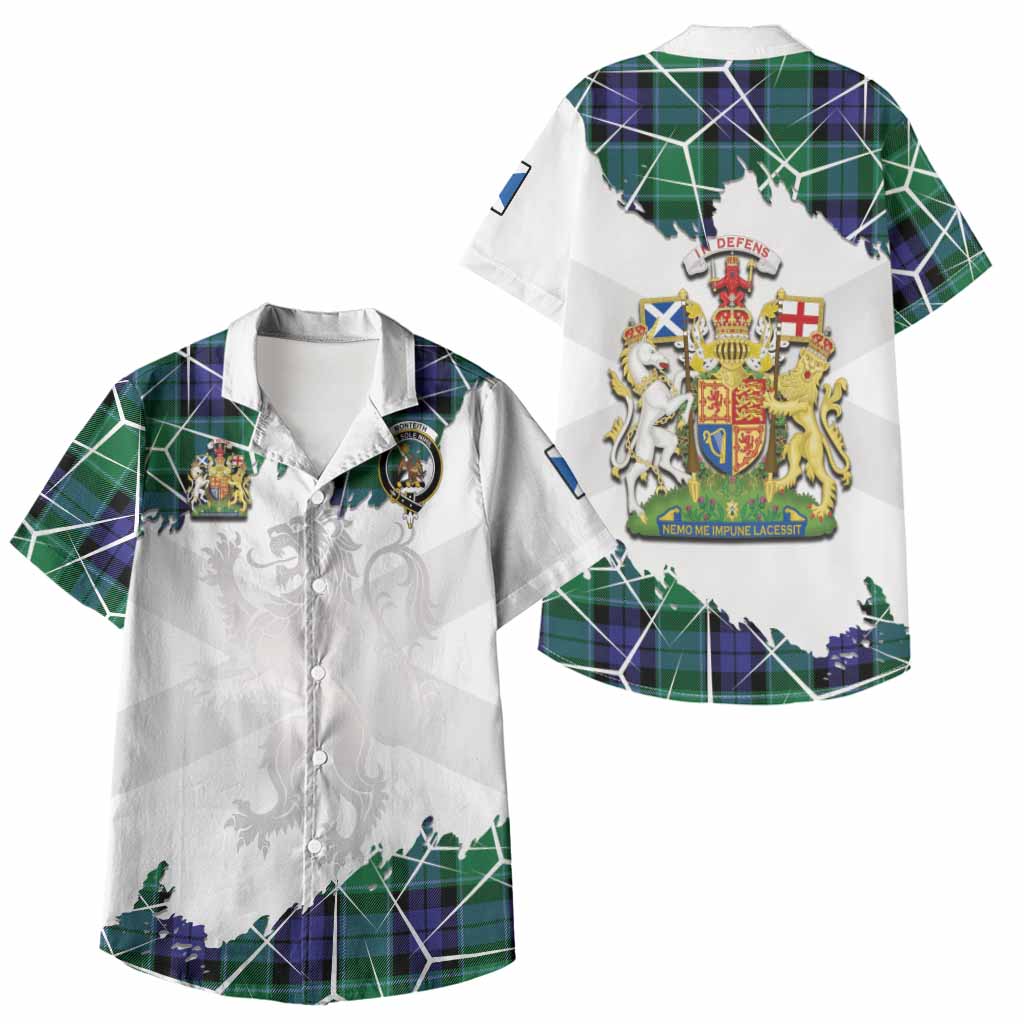 Monteith Tartan Kid Hawaiian Shirt with Family Crest and Lion Rampant Grunge Style