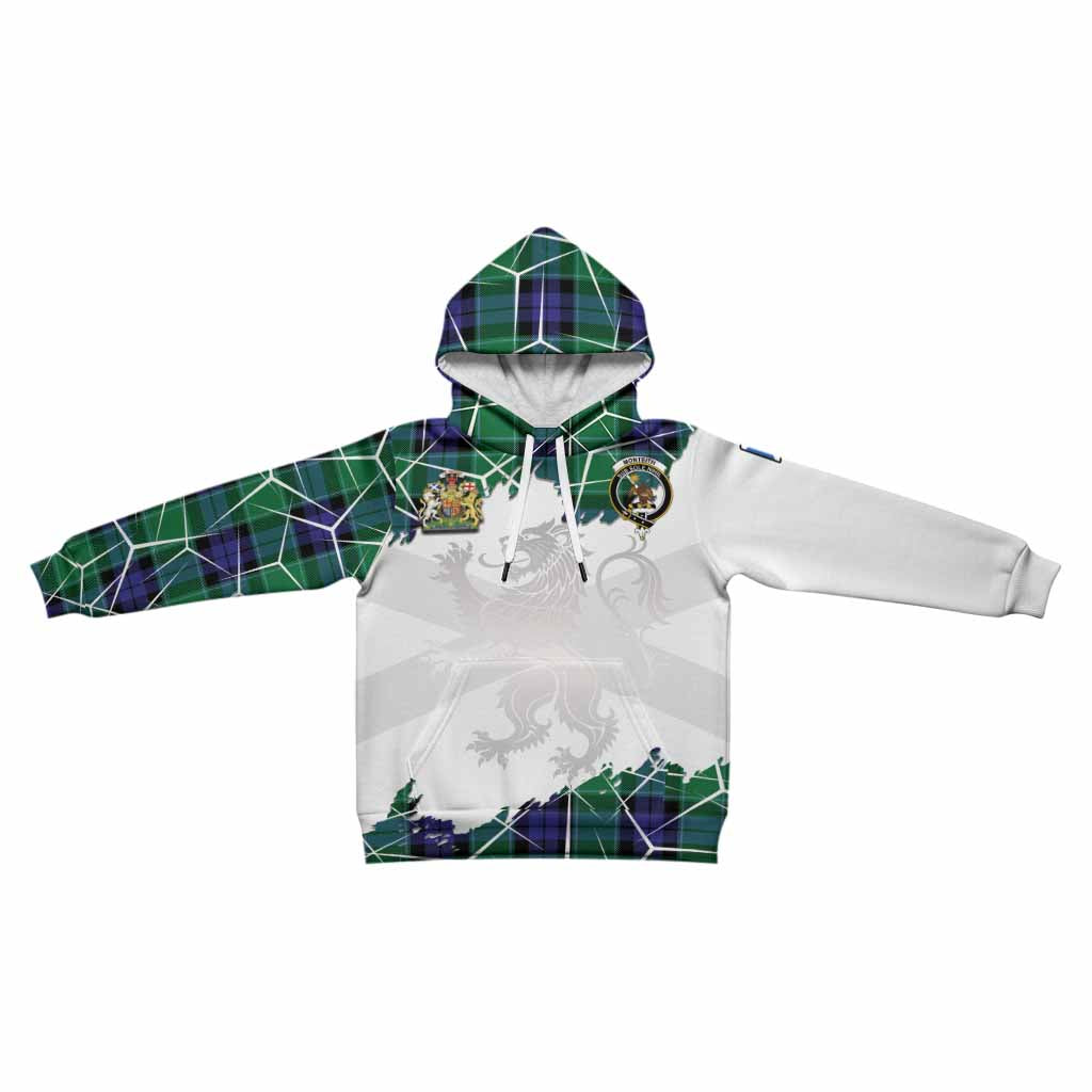 Monteith Tartan Kid Hoodie with Family Crest and Lion Rampant Grunge Style