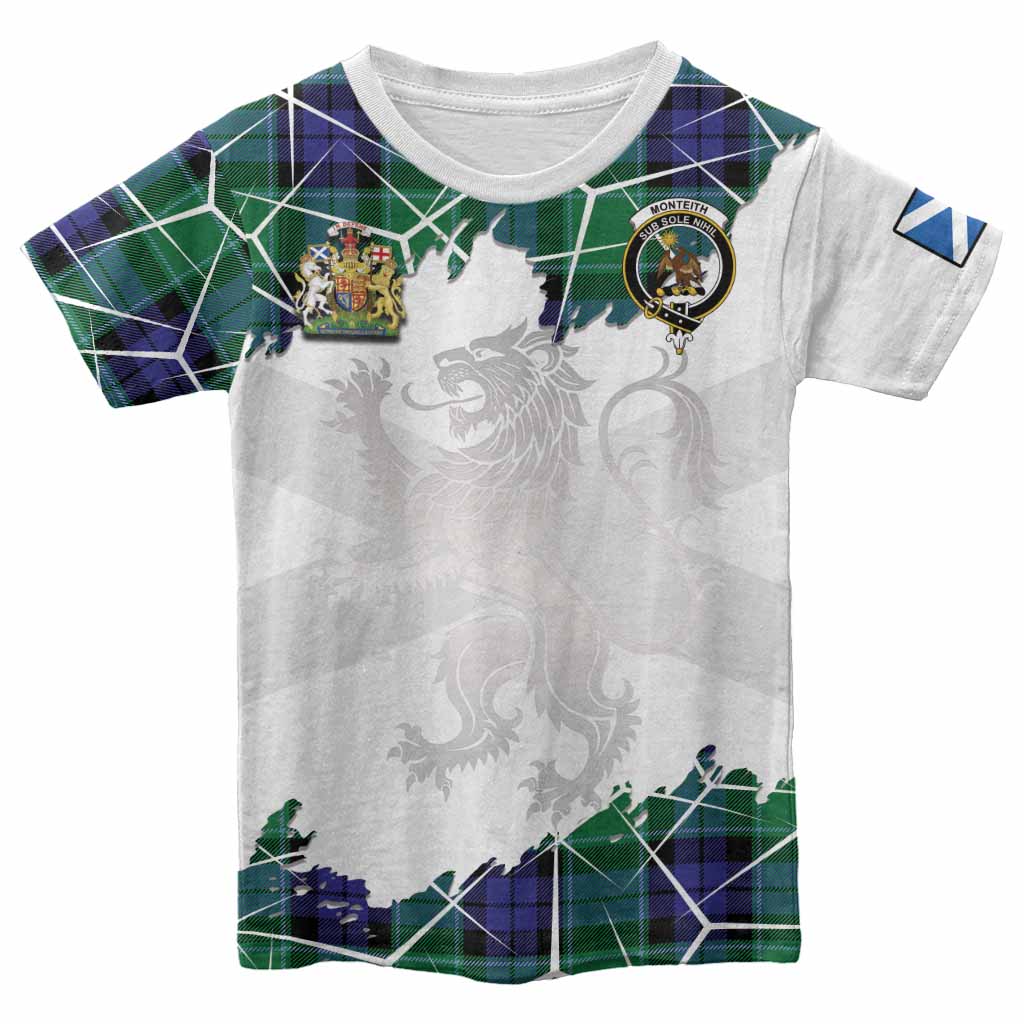 Monteith Tartan Kid T-shirt with Family Crest and Lion Rampant Grunge Style