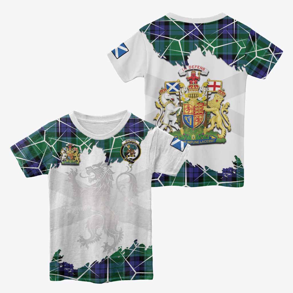 Monteith Tartan Kid T-shirt with Family Crest and Lion Rampant Grunge Style