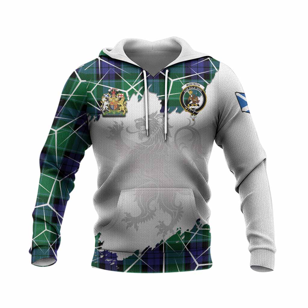 Monteith Tartan Knitted Hoodie with Family Crest and Lion Rampant Grunge Style