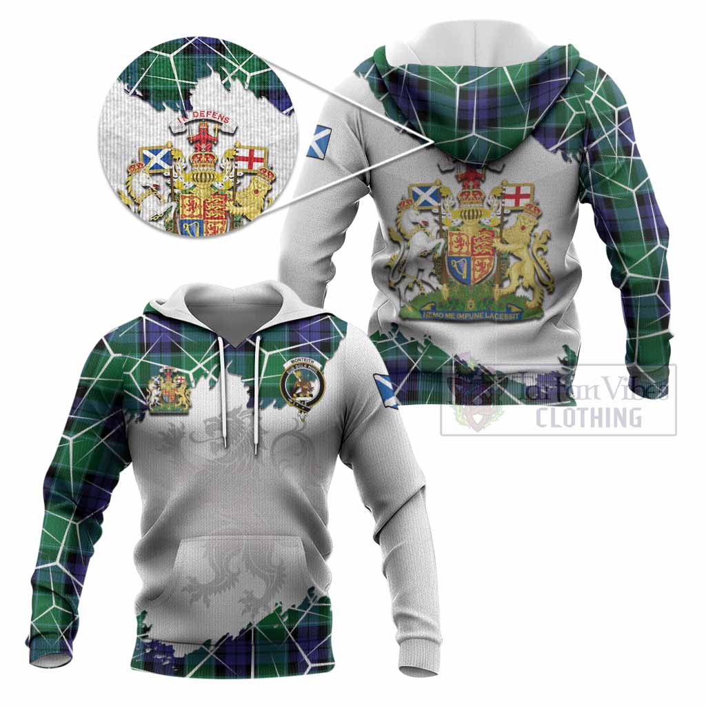 Monteith Tartan Knitted Hoodie with Family Crest and Lion Rampant Grunge Style